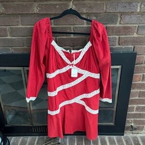 Free People Tennley Lace Corduroy Mini Dress Red NWT